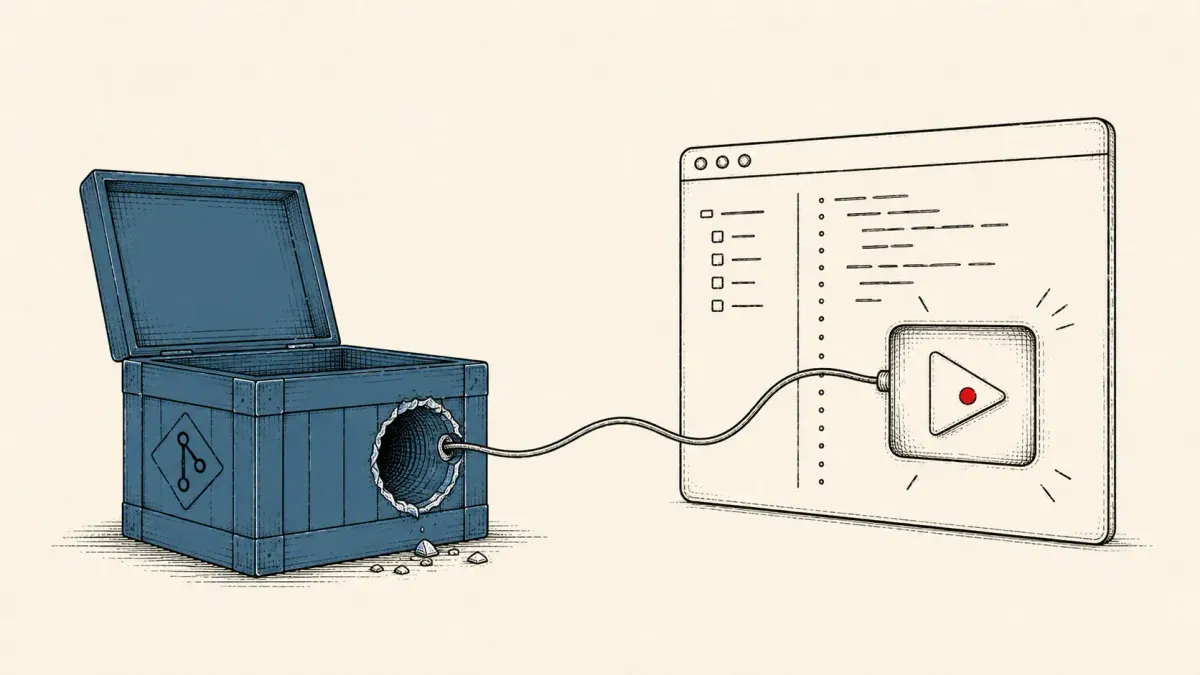 Editorial illustration of a code editor's play button pressing itself, wired to a repository crate, representing Cursor IDE auto-executing poisoned repos.