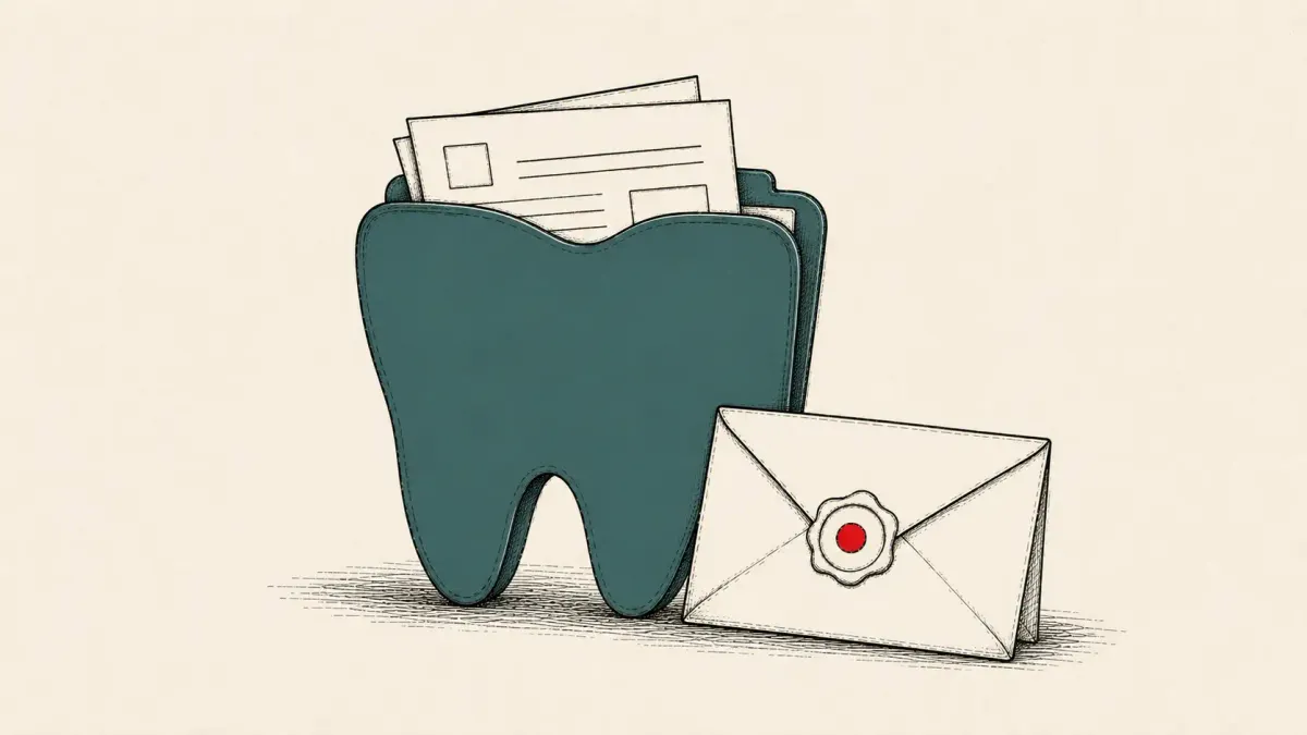 Flat white line-art of a large tooth-shaped folder beside a sealed mailed notice, on a teal background — DentaQuest data breach disclosure.