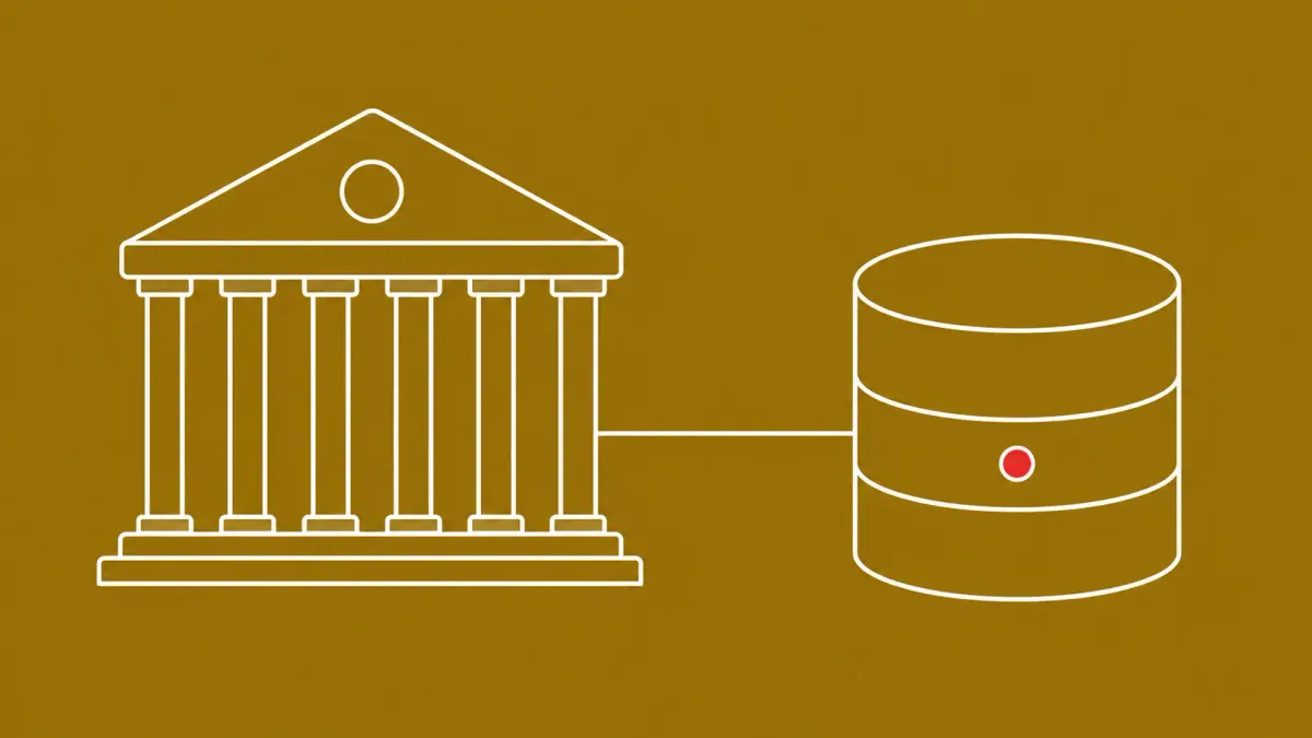 Flat white line-art of a government building beside a tall database drum — a DHS database breach reported in a weekly security roundup.