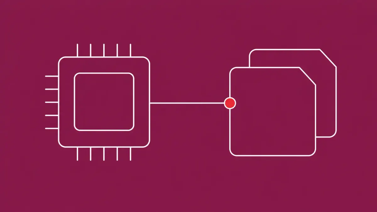 Flat white line-art of a kernel chip square beside two overlapping packet forms, on a Mulberry background — DirtyClone Linux kernel disclosure.