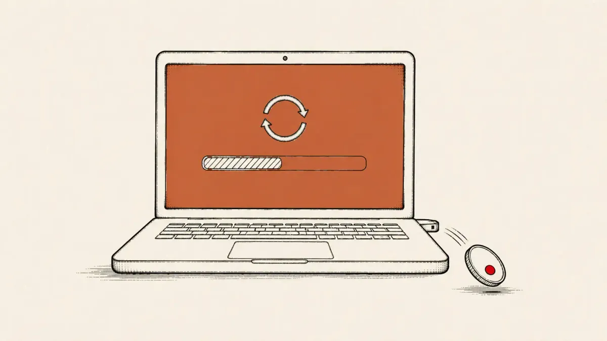 Flat white line-art of a Mac display showing a fake full-screen update above a crypto wallet on a dark background — DPRK macOS malvertising campaign.