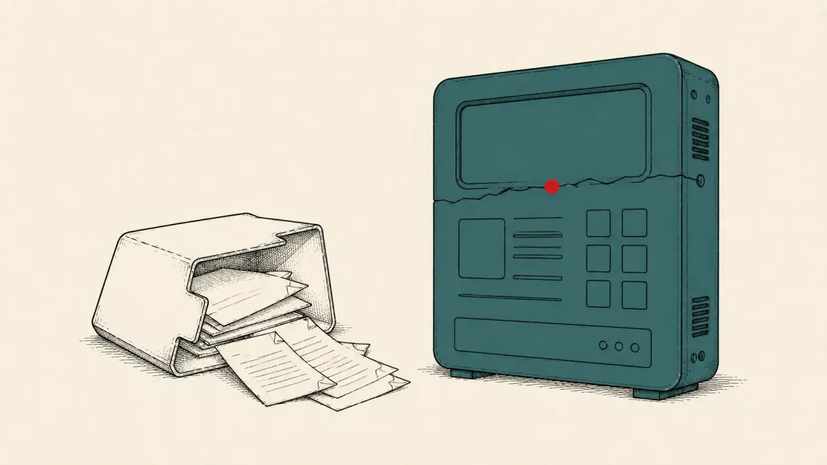 Editorial illustration of a spilling records folder beside a cracked enterprise-software panel, marking Estée Lauder Oracle E-Business Suite zero-day breach.