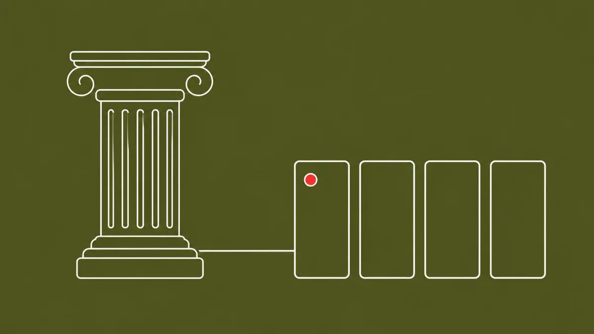 Flat white line-art of a courthouse column beside four record cards — European Commission NIS2 referral to the CJEU.