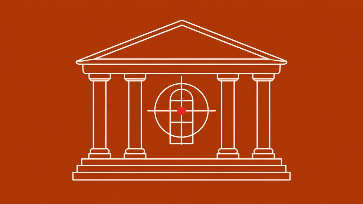 Flat white line-art of a large government-building facade with a single tracking crosshair over its central window — an EU spyware-inquiry MEP infected with