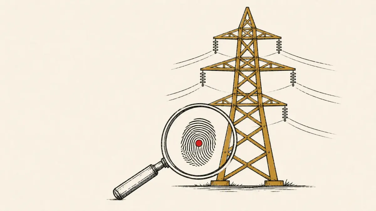 Editorial illustration of a magnifying glass revealing a fingerprint on a power pylon, marking EU and UK attribution of Poland's grid attack to Russia's Turla.