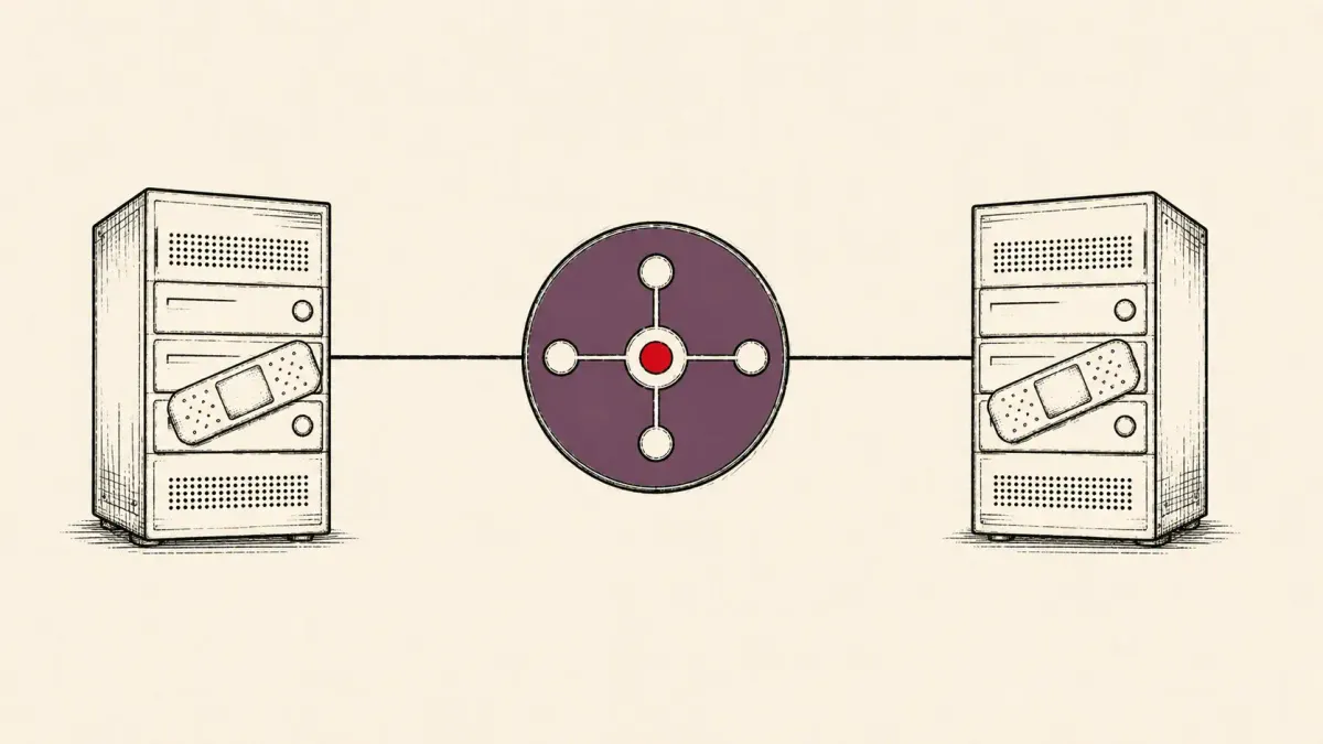 Editorial illustration of a load-balancer hub with two patched server modules, marking F5's fixes for multiple NGINX and BIG-IP vulnerabilities.