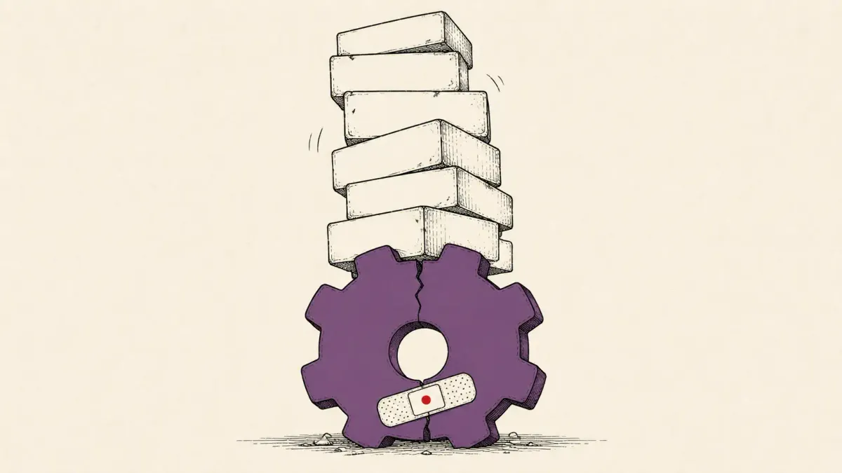 Editorial illustration of an NGINX worker gear cracking under an overloaded heap stack with a fresh patch, marking F5's critical CVE-2026-42533 fix.