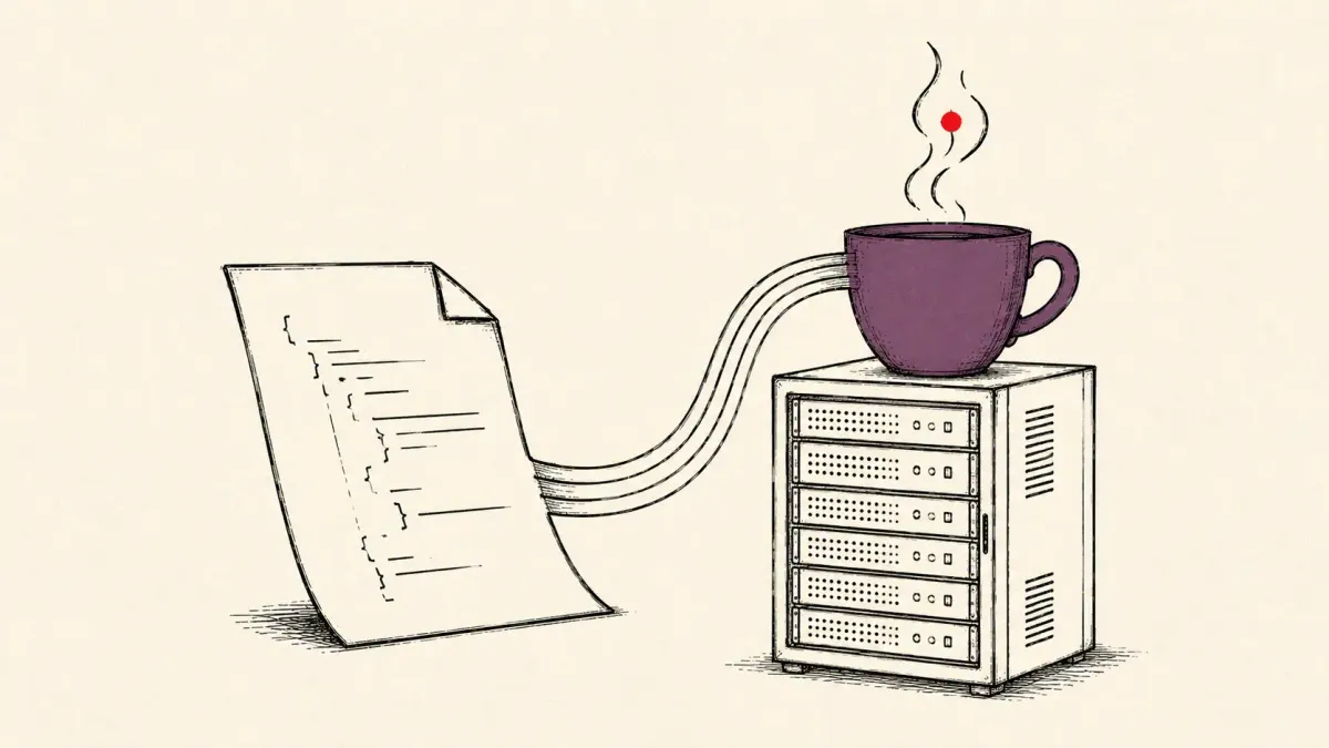 Flat white line-art of a JSON document feeding a Java coffee cup on a server rack, on a deep-red background — the Fastjson 1.x CVE-2026-16723 flaw.