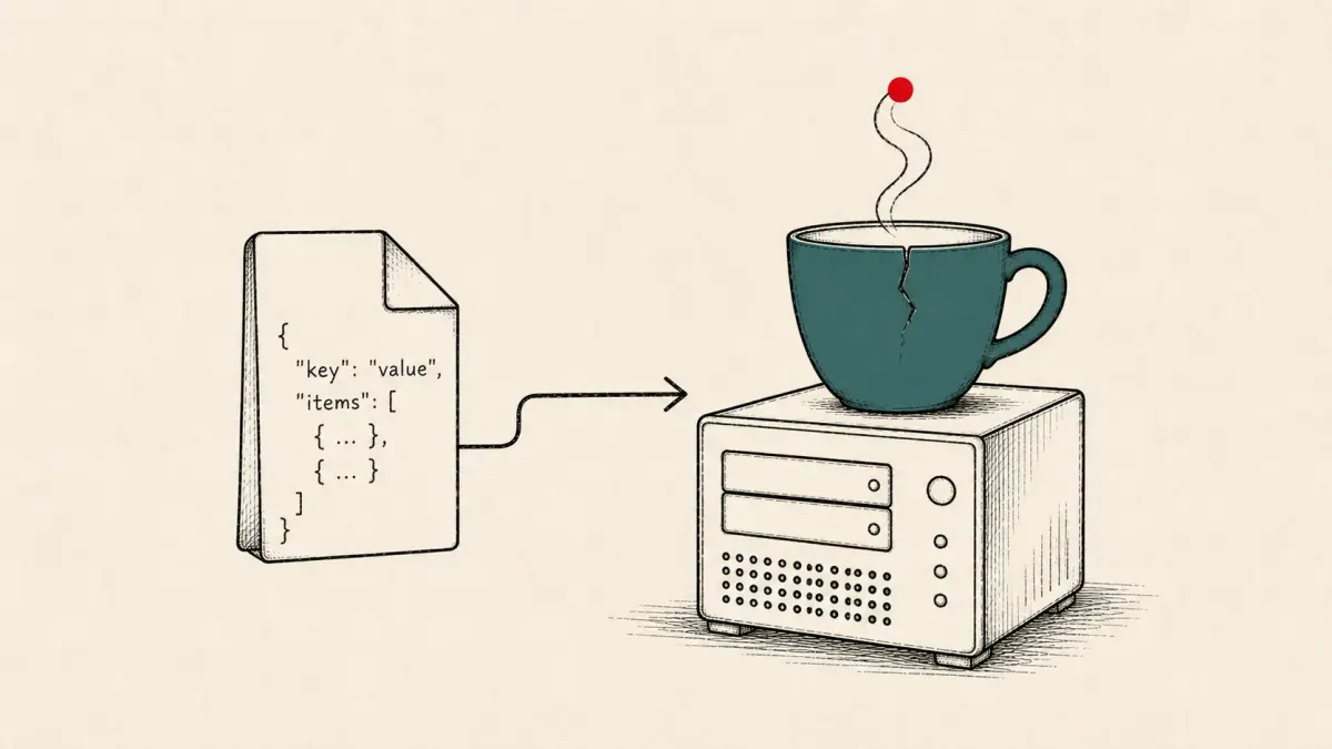 Flat white line-art of a JSON document linked to a Java coffee cup and an open padlock, on a teal background — the unpatched Fastjson CVE-2026-16723 flaw.