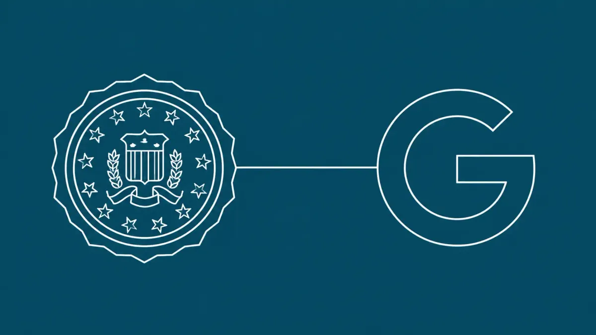 Flat white line-art of a central hub linked to a grid of screens with one link cut — FBI and Google NetNut proxy disruption.