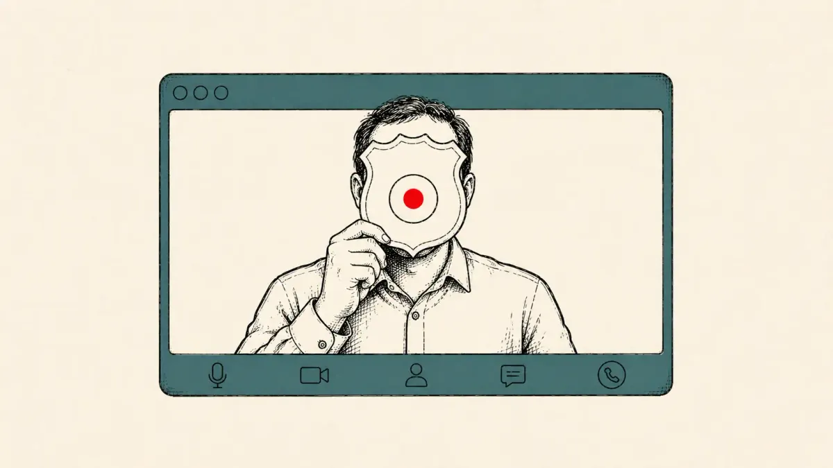 Flat line-art of a fake official video call beside a lookalike browser window — the FBI warning on deepfake videos impersonating IC3 leadership.