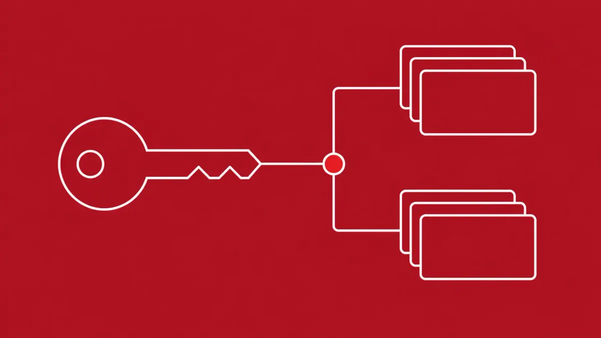 Flat white line-art of a key linked to two document stacks — FortiBleed actors reportedly tied to INC and Lynx ransomware.