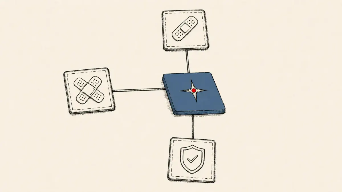 Editorial illustration of three patch tiles converging on an AI-platform panel, marking the Fortinet, Ivanti and ServiceNow cycle and a critical ServiceNow AI RCE.
