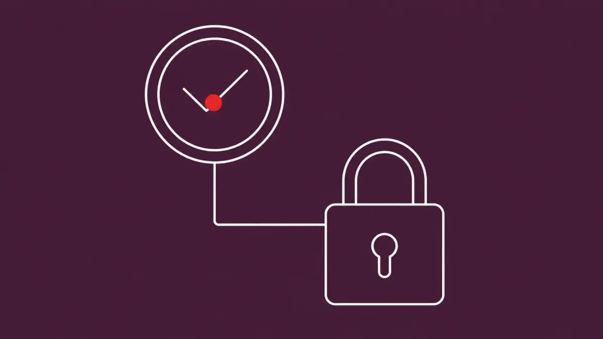 Flat white line-art of a certification stamp above a lock and a rising clock — France to stop certifying non-quantum-safe encryption.
