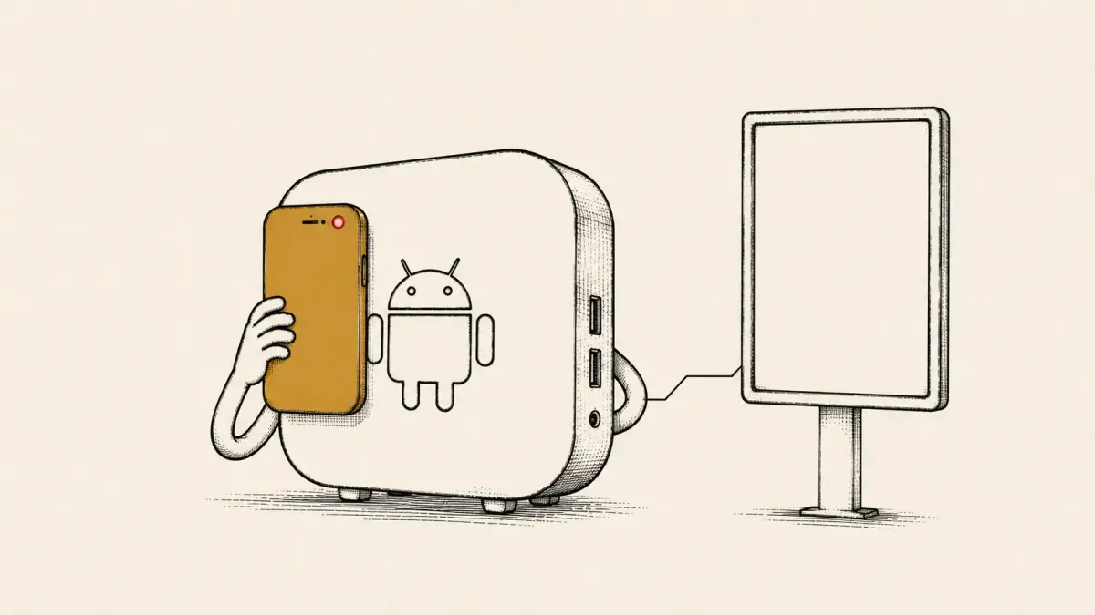 Flat white line-art of an Android TV box disguised as a phone clicking an ad, the payout looping to a company, on a saturated background with one red dot.