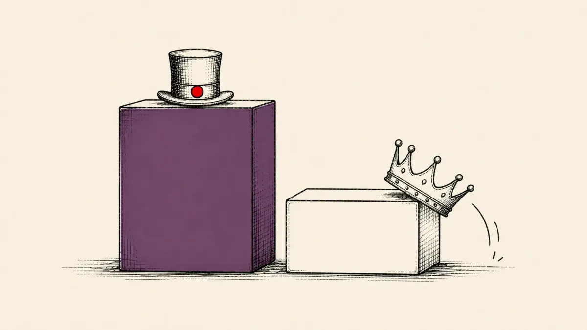 Editorial illustration of a top-hat ransomware badge rising above a fading rival crown, marking The Gentlemen overtaking Qilin as the most prolific operation.