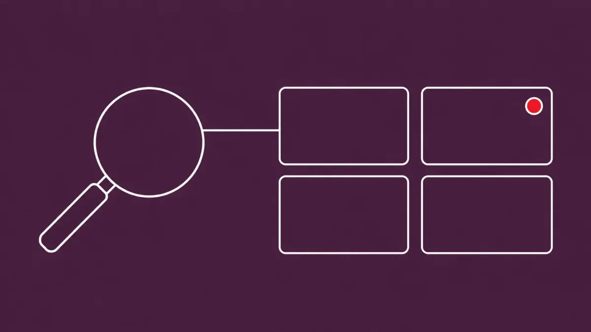 Flat white line-art of a magnifying glass scanning a grid of organization cards — GitHub organization mapping reconnaissance campaign.