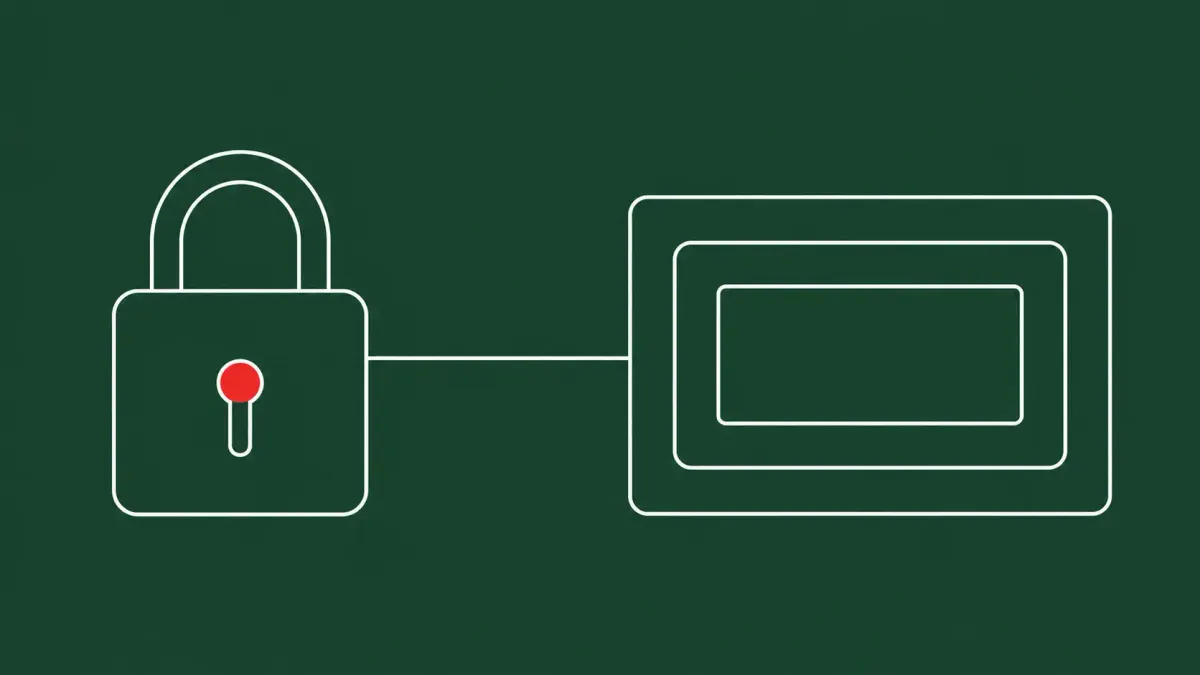 Flat white line-art of a padlock beside nested container boxes — GhostLock 15-year-old Linux root and container escape.