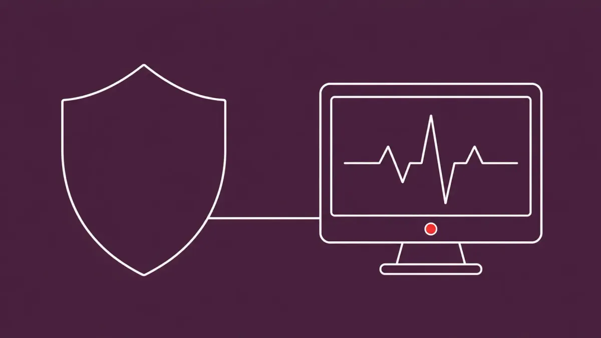 Flat white line-art of a shield beside a monitoring screen — Microsoft research on the GigaWiper espionage-and-destructive malware family.