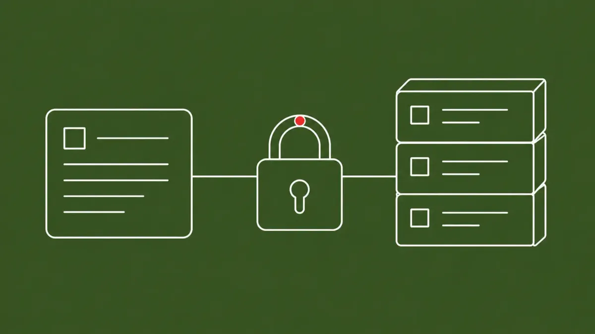 Flat white line-art of an issue card linked to a padlock guarding a stack of repository panels — the "GitLost" GitHub disclosure.