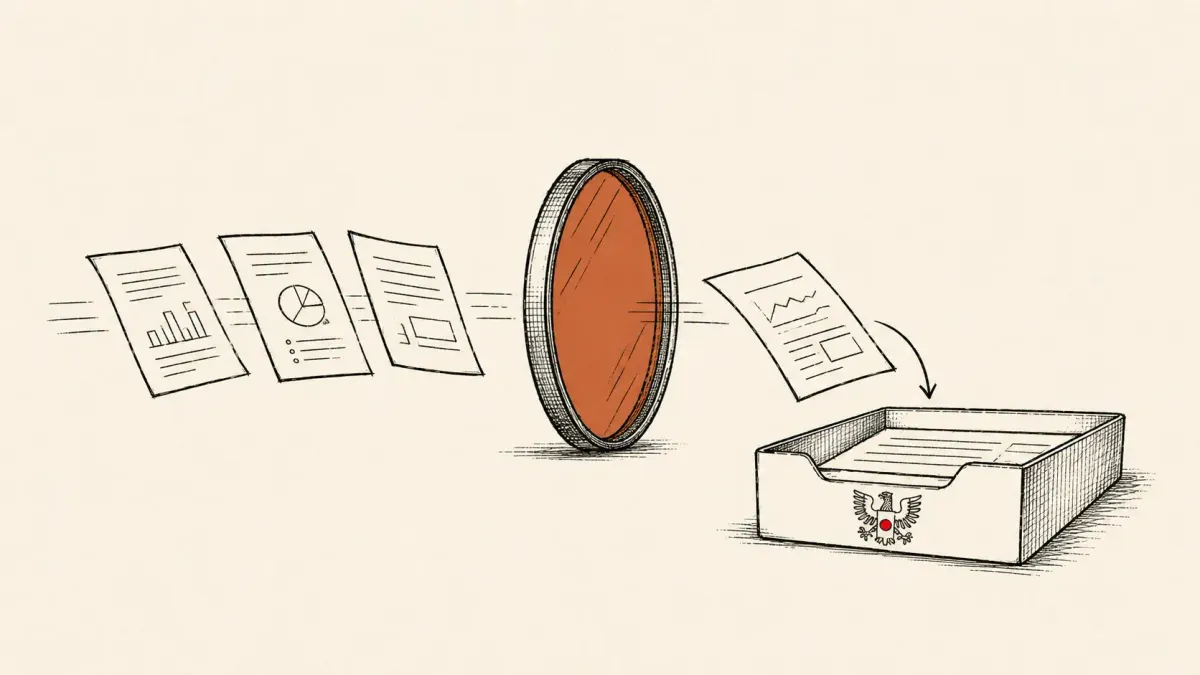Editorial illustration of report papers passing through an AI lens into an eagle-marked tray, detailing the White House Gold Eagle vulnerability clearinghouse.