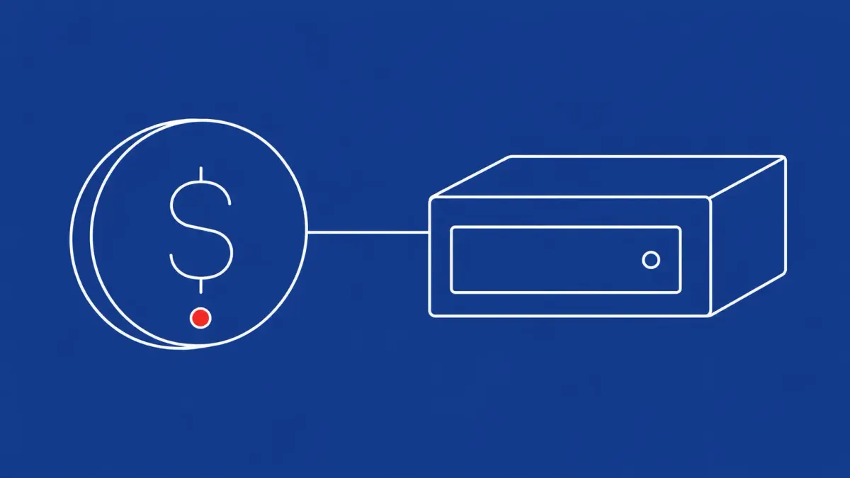 Flat white line-art of a large coin linked to a nested server box by one line — Google's $250,000 Linux KVM guest-to-host escape bounty.