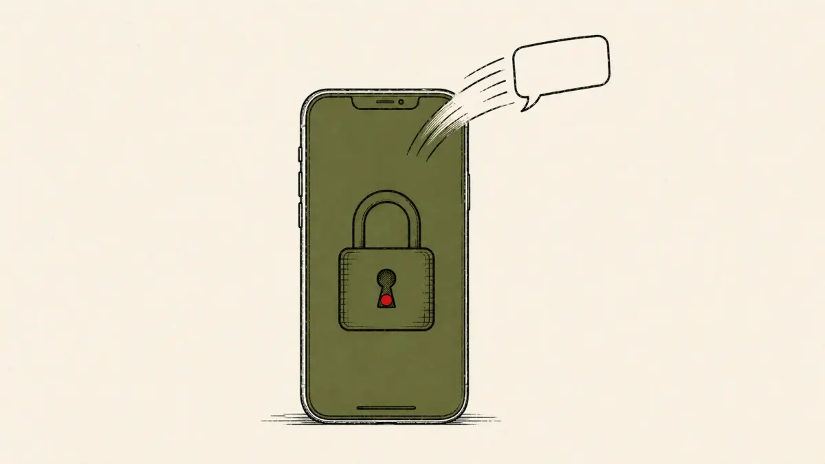 Editorial illustration of a phone lock screen with a gesture sending an SMS past the PIN, marking Google's patch for the Android Gemini lock-screen bug.