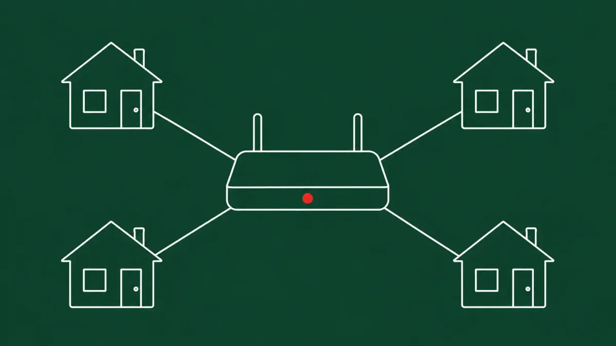 Flat white line-art of a large router node linked to a scattered ring of small home-shaped icons — Google Threat Intelligence Group residential-proxy