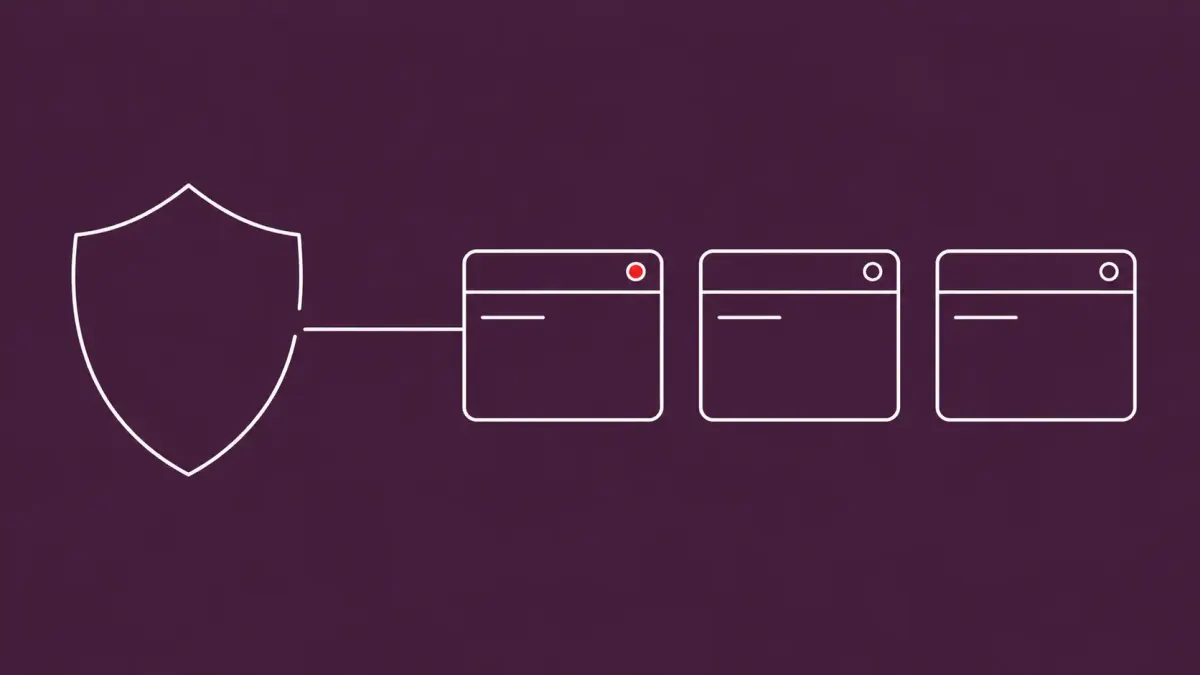 Flat white line-art of a shield with a broken section beside a row of terminal-window panels — GuardFall shell injection research affecting open-source AI
