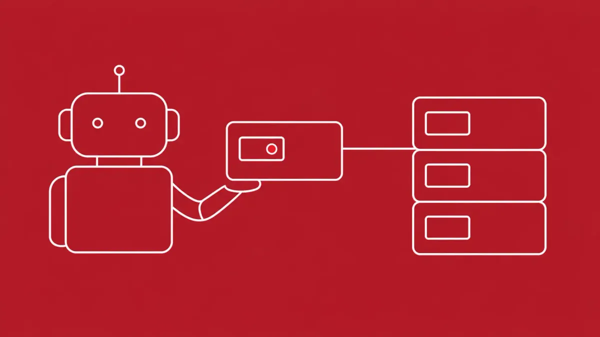 Flat white line-art of a robot assistant handing over a labeled package card — researchers disclose the HalluSquatting AI coding-assistant technique.