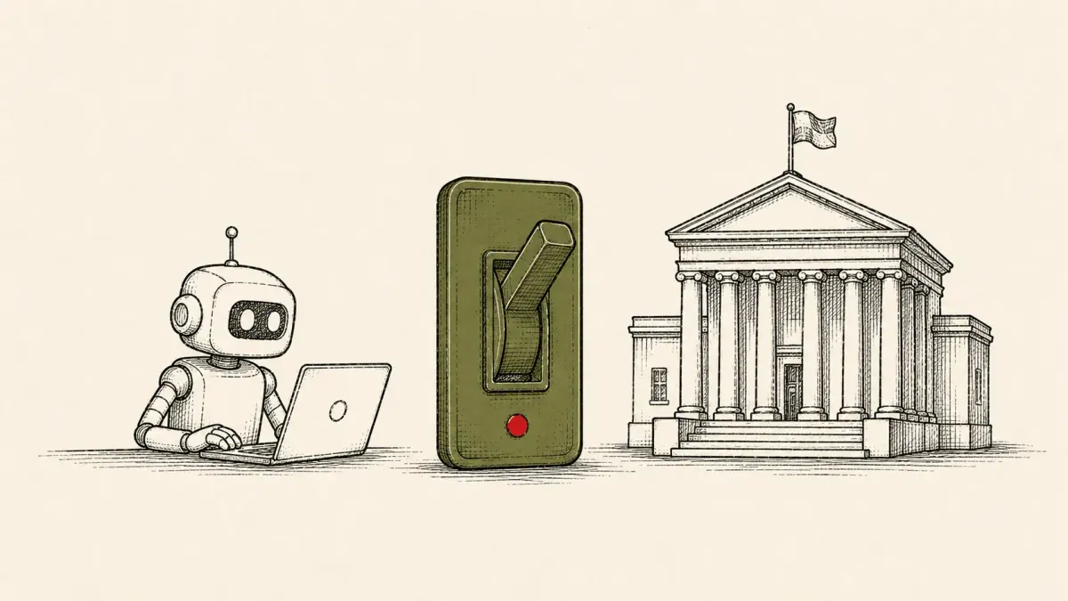 Flat white line-art of a robot at an open terminal beside a government building, on a teal background — Hermes AI agent in the Thai Finance Ministry case.