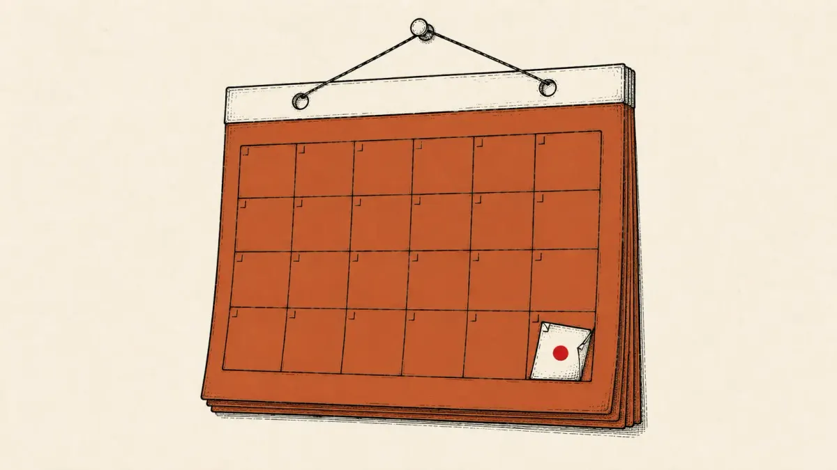 Editorial illustration of a calendar page dated far in the future holding a hidden note, marking HollowGraph malware abusing Microsoft 365 calendars for C2.
