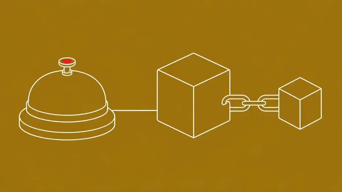 Flat white line-art of a hotel reception bell linked to a chained ledger block — hospitality-sector blockchain-abuse phishing.