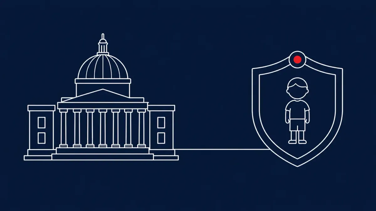 Flat white line-art of a domed legislative building beside a large shield enclosing a small figure — House passes the KIDS Act 267-117.