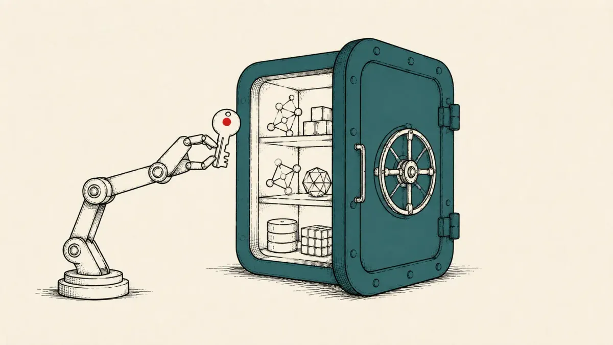 Editorial illustration of a small robot arm slipping a key from an open AI model-repository vault, marking Hugging Face's breach by an autonomous AI agent.