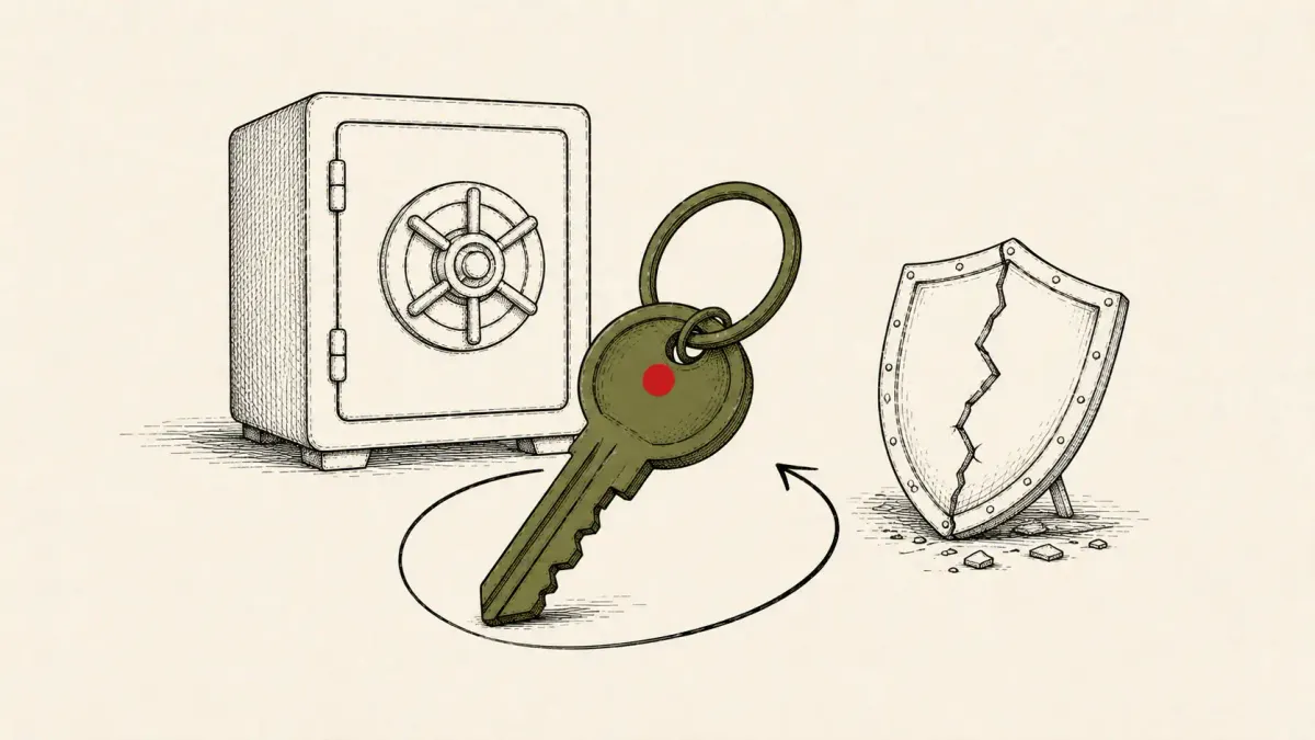 Editorial illustration of a key ring being rotated beside an AI vault as shields fail, marking Hugging Face's token-rotation guidance after the autonomous-agent breach.