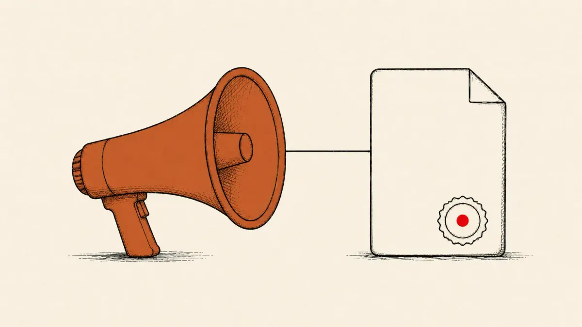 Flat white line-art of a megaphone beside two linked server towers, on a teal background — a Hugging Face call for AI-vendor transparency.