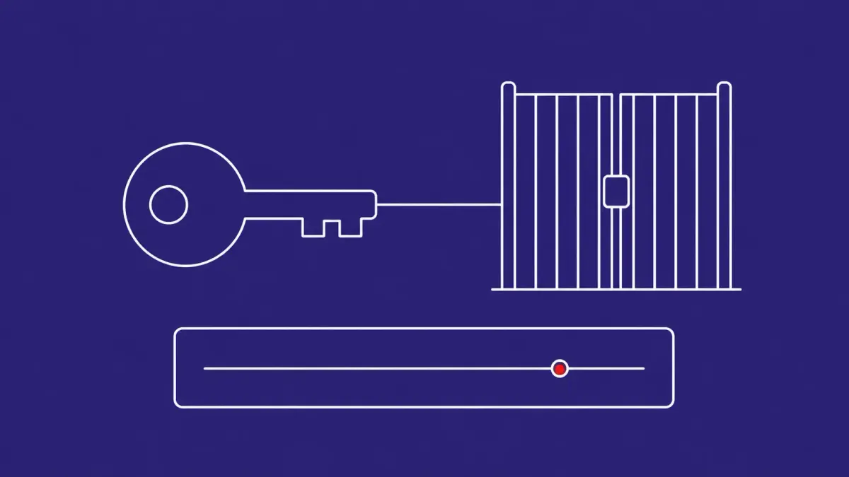 Flat white line-art of a large key beside a tall locked gate over a broad login panel — Huntress Azure CLI password-spray research.