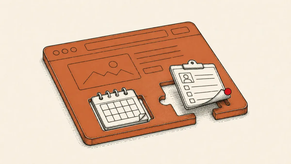 Editorial illustration of a web page with calendar and form add-on pieces, one lifting out, marking iCagenda and Balbooa Forms Joomla zero-days.