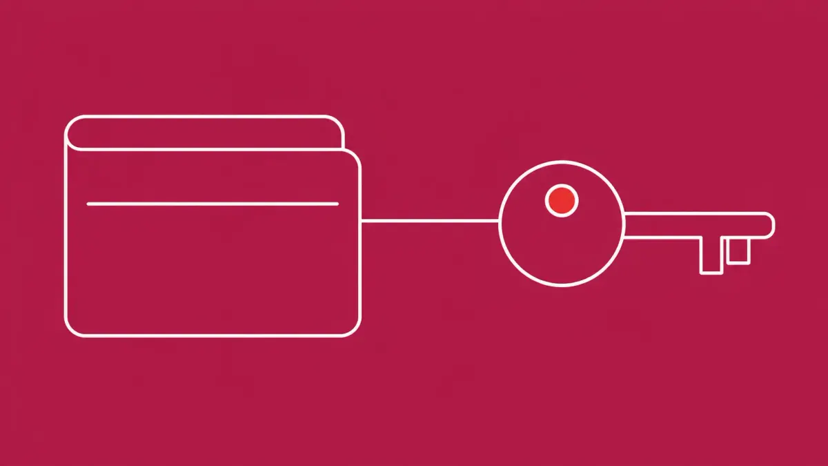 Flat white line-art of a wallet outline linked to a simple key — Coinspect Ill Bloom crypto-wallet recovery-phrase flaw.