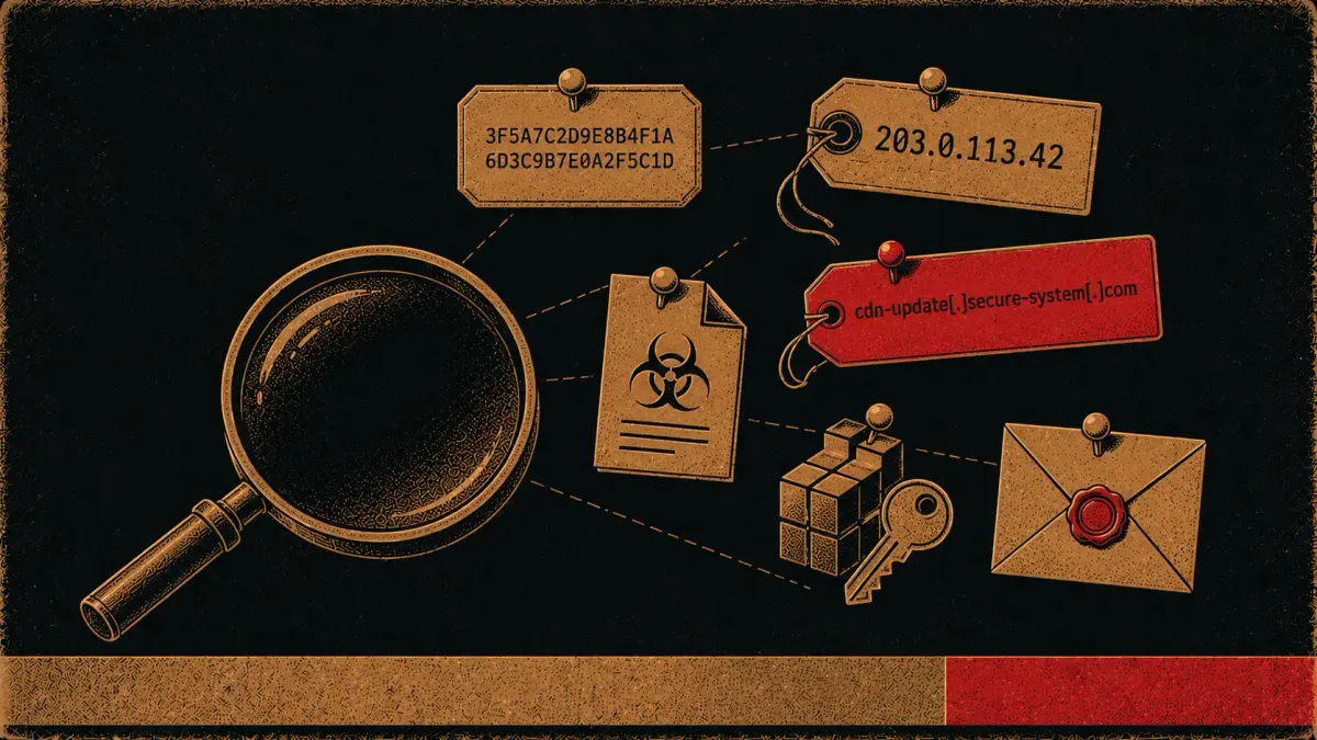 Editorial science-poster illustration of indicator-of-compromise symbols — a hash string, an IP tag, a domain tag, a file icon, a registry key, a sealed envelope, and a magnifying lens.