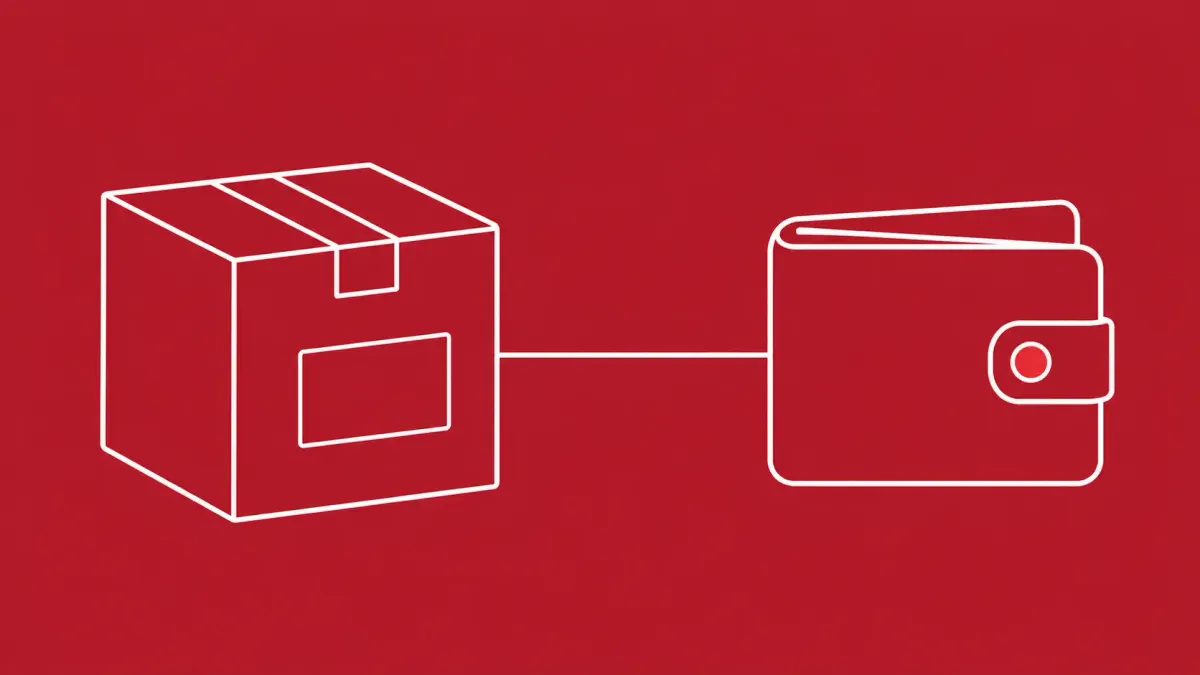 Flat white line-art of a code package box linked by a single line to a wallet outline — Injective Labs npm SDK compromise.