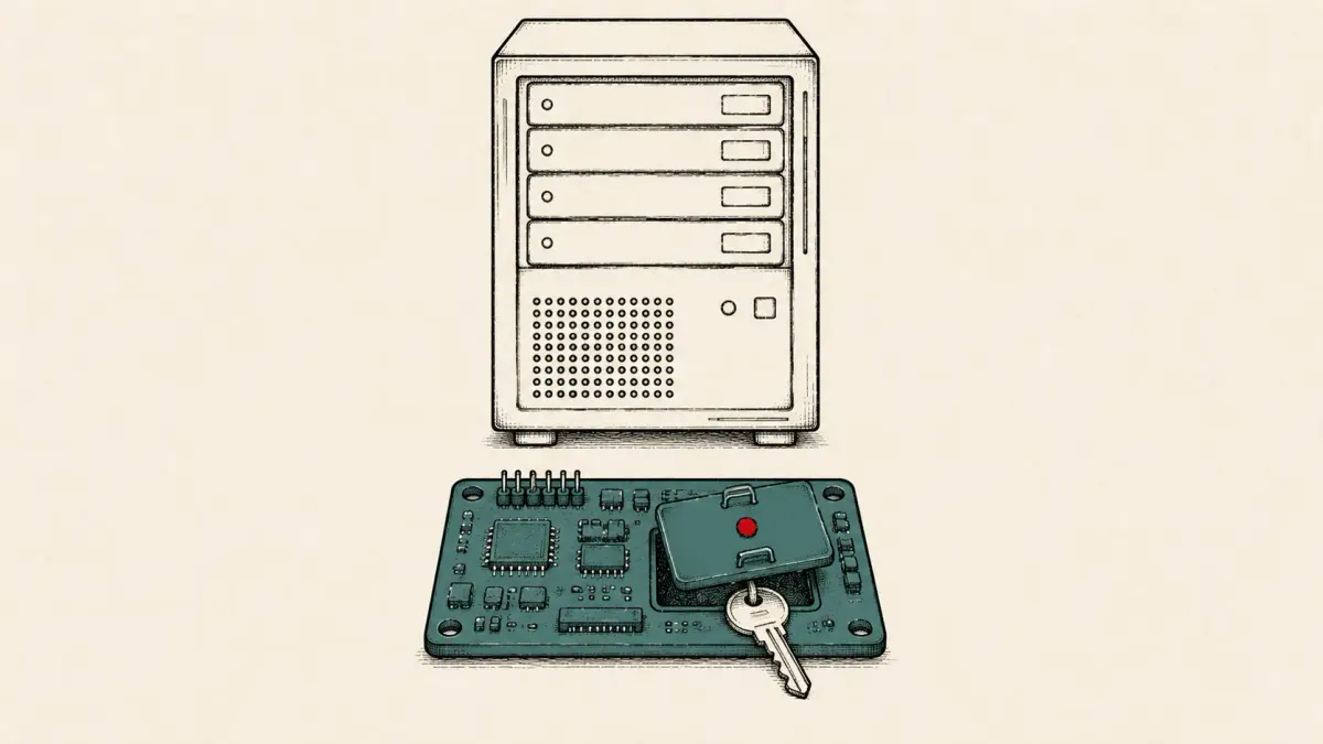 Flat white line-art of a server management chip sitting beneath a stacked server, one door left ajar, on a deep-teal background — internet-exposed BMC IPMI hash disclosure.