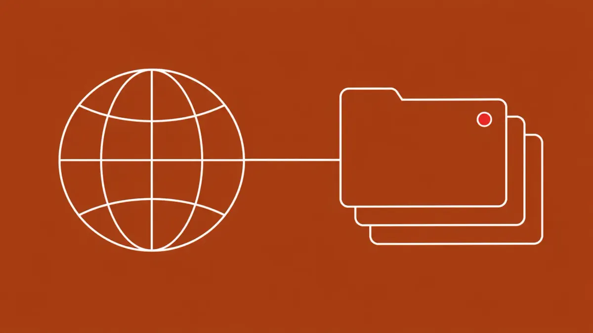 Flat white line-art of a globe linked to a large stack of case files — Interpol cybercrime crackdown, 5,800 arrests across 97 countries.