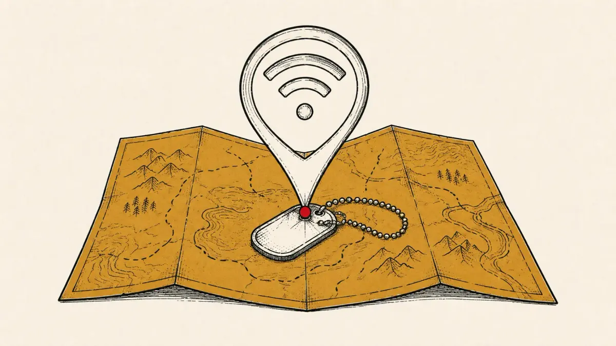 Editorial illustration of a map pin formed from a signal wave over a military dog-tag, marking reported Iranian mobile-network tracking of US forces.