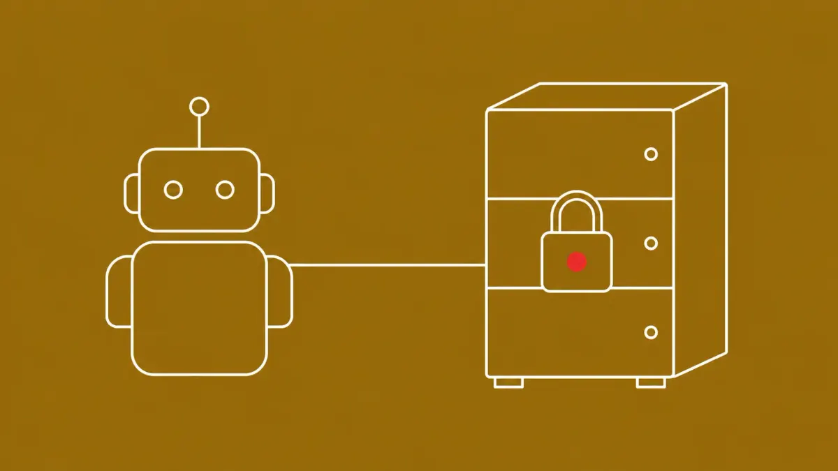 Flat white line-art of a robot-agent figure linked to a locked server rack — Sysdig JadePuffer agentic-AI ransomware research.