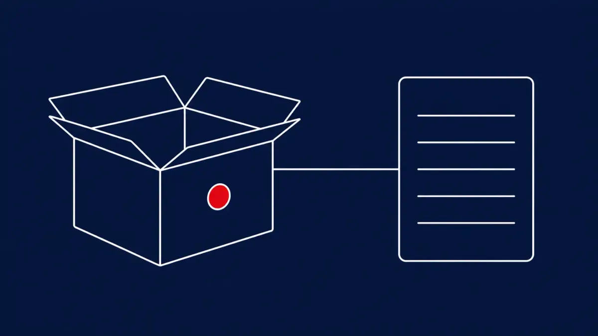 Flat white line-art of an open package box linked to a document card — jscrambler 8.14.0 npm release compromise.