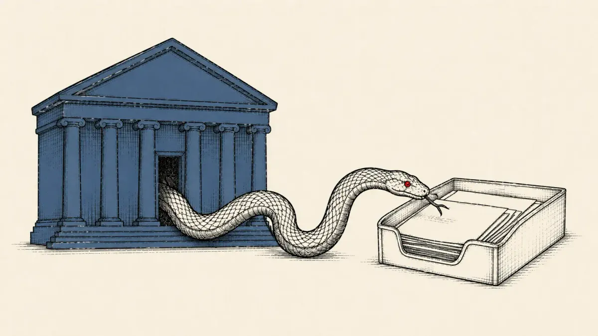 Editorial illustration of a coiled serpent slipping into a government building's document tray, marking Kaspersky's GoSerpent espionage malware in Southeast Asia.