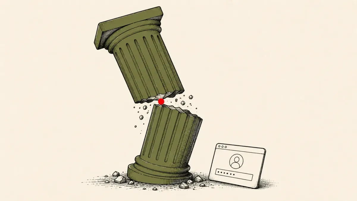 Flat white line-art of a toppled classical column beside a browser sign-in window, on a deep teal background — the Kratos phishing-as-a-service takedown.