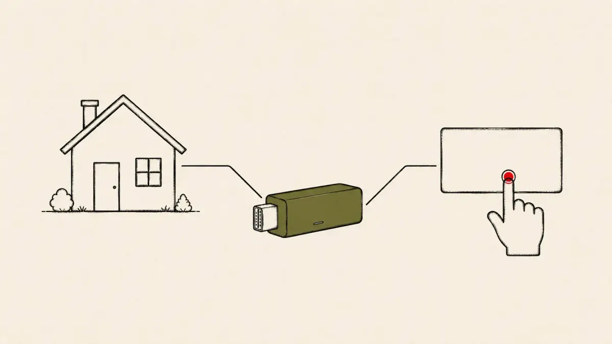 Flat white line-art of a TV streaming box splitting into two paths — one to a house, one to a phone clicking an ad — on a saturated background with one red dot.